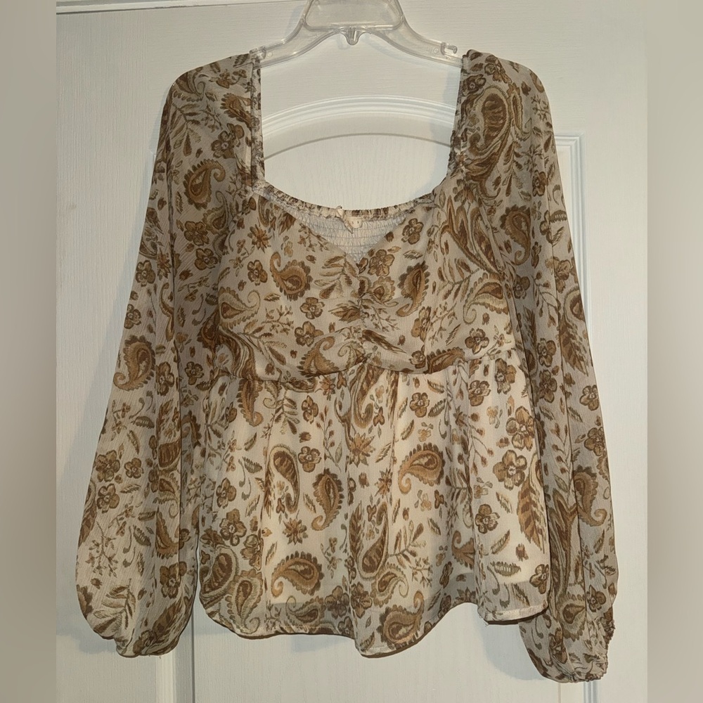 Promesa impressions boutique cream and brown Paisley babydoll Blouse